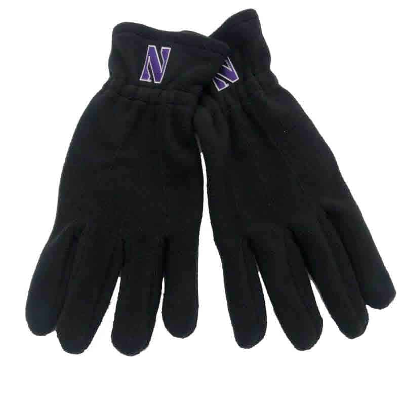 Northwestern University Wildcats Black Polar Fleece Gloves With Stylized N Design-2
