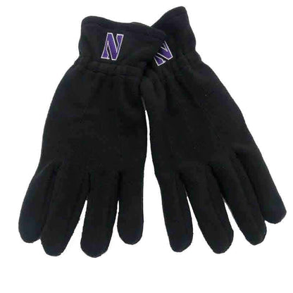 Northwestern University Wildcats Black Polar Fleece Gloves With Stylized N Design-2