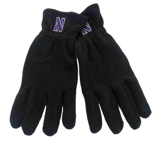 Northwestern University Wildcats Black Polar Fleece Gloves With Stylized N Design-2