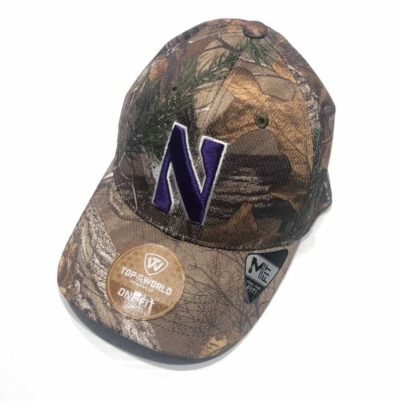 Northwestern University Wildcats Constructed Onefit Woodland Camo Hat with Stylized N Design