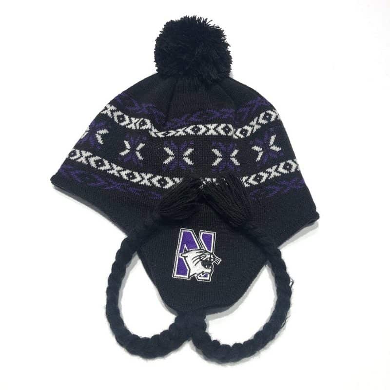 Northwestern University Wildcats Adult Black Tassel Knit Cap With Fleece Lining & N-Cat Design