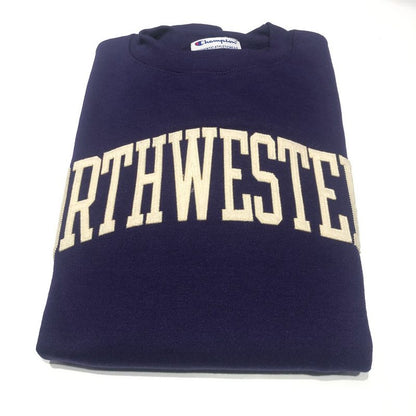 Northwestern University Wildcats Men's Purple Champion Eco Powerblend Crewneck Sweatshirt with Creamy White Arched Northwestern Wool Sewn Appliqué Design