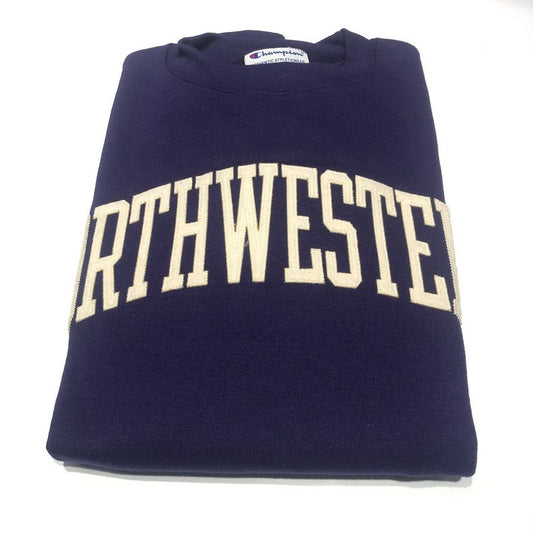 Northwestern University Wildcats Men's Purple Champion Eco Powerblend Crewneck Sweatshirt with Creamy White Arched Northwestern Wool Sewn Appliqué Design
