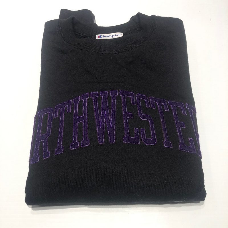 Northwestern University Wildcats Men's Black Champion Eco Powerblend Crewneck Sweatshirt with Purple Arched Northwestern Wool Sewn Appliqué Design-2