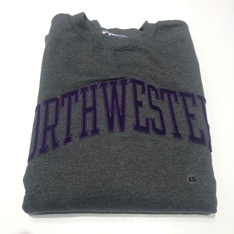 Northwestern University Wildcats Men's Granite Heather Champion Eco Powerblend Crewneck Sweatshirt with Purple Arched Northwestern Wool Sewn Appliqué Design -2