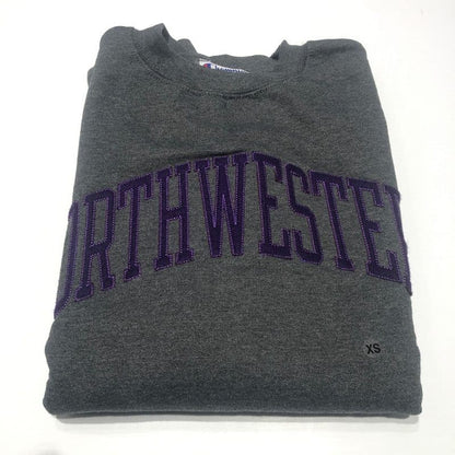 Northwestern University Wildcats Men's Granite Heather Champion Eco Powerblend Crewneck Sweatshirt with Purple Arched Northwestern Wool Sewn Appliqué Design -2