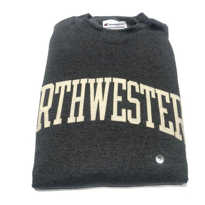 Northwestern University Wildcats Men's Granite Heather Champion Eco Powerblend Crewneck Sweatshirt with Creamy White Arched Northwestern Wool Sewn Appliqué Design -2