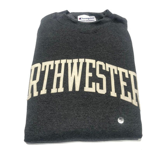 Northwestern University Wildcats Men's Granite Heather Champion Eco Powerblend Crewneck Sweatshirt with Creamy White Arched Northwestern Wool Sewn Appliqué Design -2