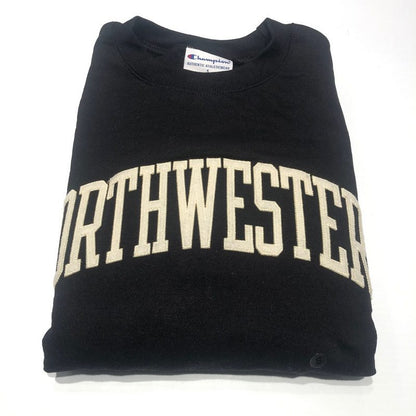 Northwestern University Wildcats Men's Black Champion Eco Powerblend Crewneck Sweatshirt with Creamy White Arched Northwestern Wool Sewn Appliqué Design -3