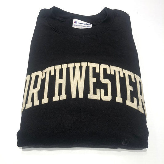 Northwestern University Wildcats Men's Black Champion Eco Powerblend Crewneck Sweatshirt with Creamy White Arched Northwestern Wool Sewn Appliqué Design -3