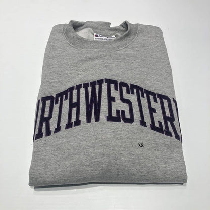 Northwestern University Wildcats Men's Heather Grey Champion Eco Powerblend Crewneck Sweatshirt with Purple Arched Northwestern Wool Sewn Appliqué Design -2