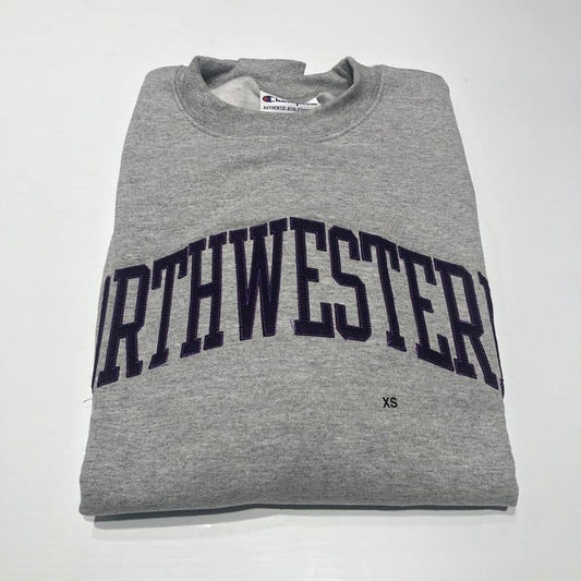 Northwestern University Wildcats Men's Heather Grey Champion Eco Powerblend Crewneck Sweatshirt with Purple Arched Northwestern Wool Sewn Appliqué Design -2