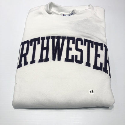 Northwestern University Wildcats Men's White Champion Eco Powerblend Crewneck Sweatshirt with Purple Arched Northwestern Wool Sewn Appliqué Design -2