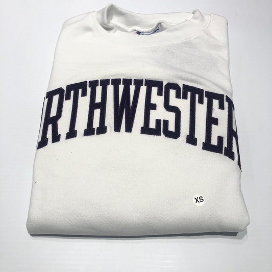 Northwestern University Wildcats Men's White Champion Eco Powerblend Crewneck Sweatshirt with Purple Arched Northwestern Wool Sewn Appliqué Design -2