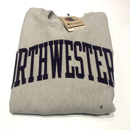 Northwestern University Wildcats Men's Oxford Heather Champion Super Heavy Reverse Weave Crewneck Sweatshirt with Purple Arched Northwestern Wool Sewn Appliqué Design -2