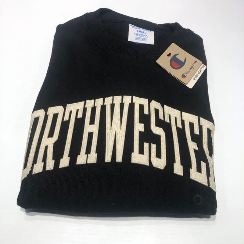 Northwestern University Wildcats Men's Black Champion Super Heavy Reverse Weave Crewneck Sweatshirt with Creamy White Arched Northwestern Wool Sewn Appliqué Design -1