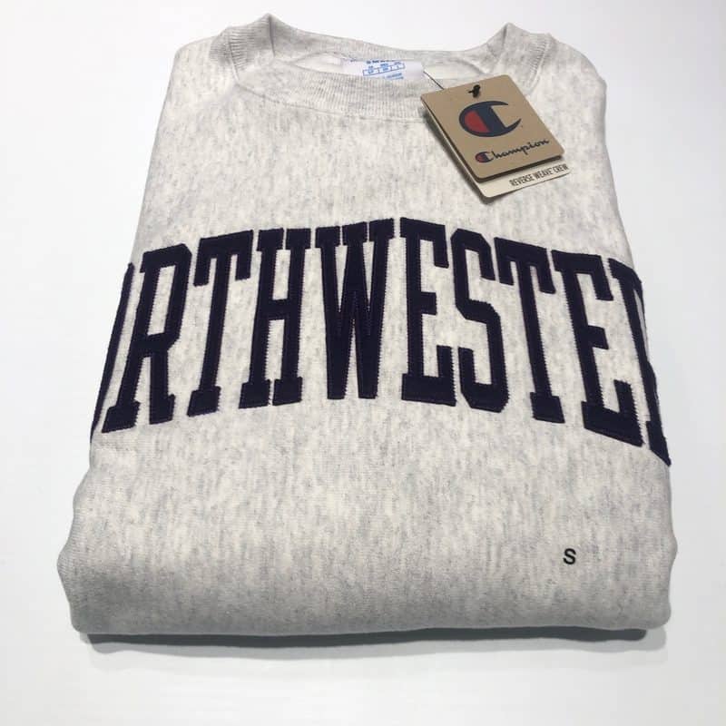 Northwestern University Wildcats Men's Silver Grey Champion Super Heavy Reverse Weave Crewneck Sweatshirt with Purple Arched Northwestern Wool Sewn Appliqué Design -2
