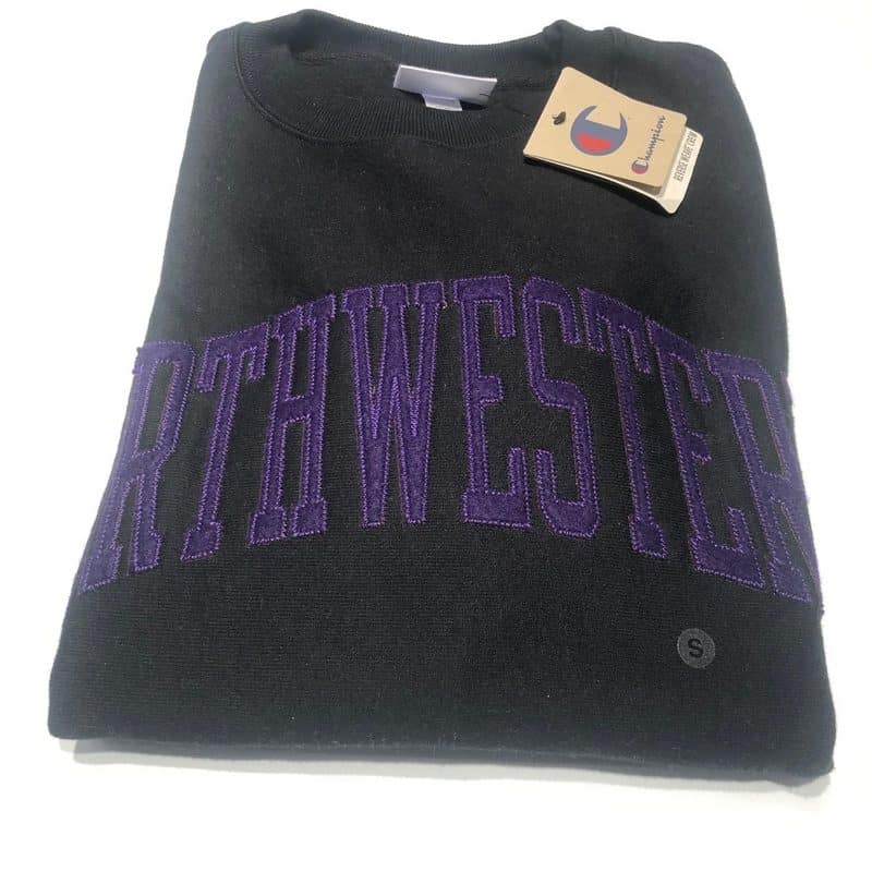Northwestern University Wildcats Men's Black Champion Super Heavy Reverse Weave Crewneck Sweatshirt with Purple Arched Northwestern Wool Sewn Appliqué Design -1