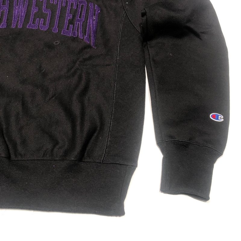 Northwestern University Wildcats Men's Black Champion Super Heavy Reverse Weave Crewneck Sweatshirt with Purple Arched Northwestern Wool Sewn Appliqué Design -2
