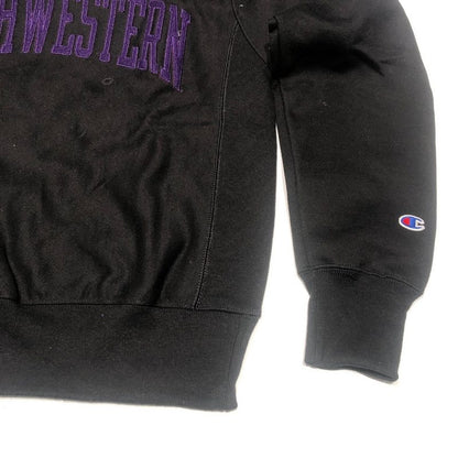 Northwestern University Wildcats Men's Black Champion Super Heavy Reverse Weave Crewneck Sweatshirt with Purple Arched Northwestern Wool Sewn Appliqué Design -2