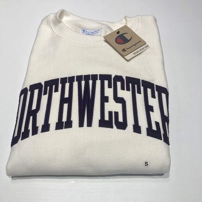 Northwestern University Wildcats Men's White Champion Super Heavy Reverse Weave Crewneck Sweatshirt with Purple Arched Northwestern Wool Sewn Appliqué Design-5