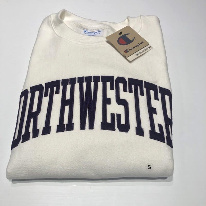 Northwestern University Wildcats Men's White Champion Super Heavy Reverse Weave Crewneck Sweatshirt with Purple Arched Northwestern Wool Sewn Appliqué Design-5