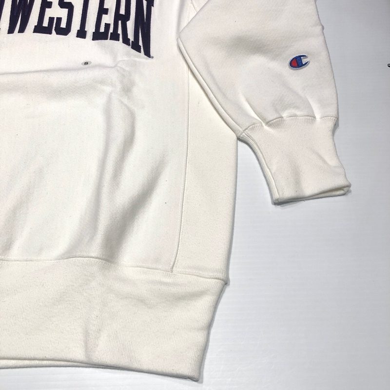 Northwestern University Wildcats Men's White Champion Super Heavy Reverse Weave Crewneck Sweatshirt with Purple Arched Northwestern Wool Sewn Appliqué Design -2