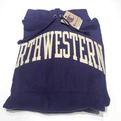 Northwestern University Wildcats Men’s Purple Champion Super Heavy Reverse Weave Hooded Sweatshirt with Creamy White Arched Northwestern Wool Sewn Appliqué Design-2