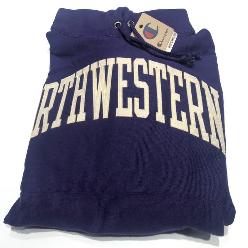 Northwestern University Wildcats Men’s Purple Champion Super Heavy Reverse Weave Hooded Sweatshirt with Creamy White Arched Northwestern Wool Sewn Appliqué Design-4
