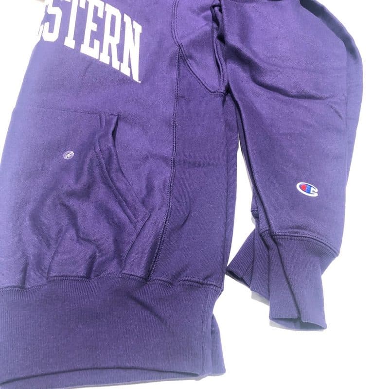 Northwestern University Wildcats Men’s Purple Champion Super Heavy Reverse Weave Hooded Sweatshirt with Creamy White Arched Northwestern Wool Sewn Appliqué Design-5