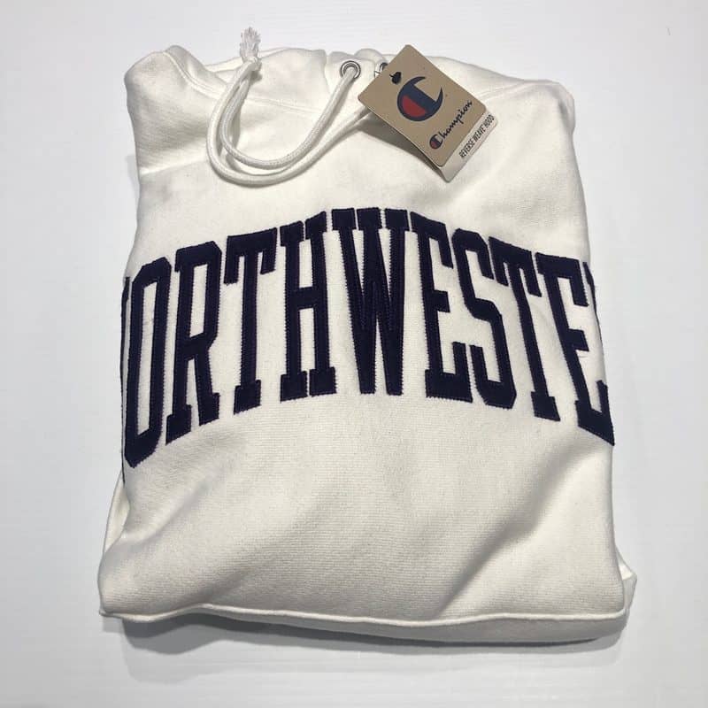 Northwestern University Wildcats Men’s White Champion Super Heavy Reverse Weave Hooded Sweatshirt with Purple Arched Northwestern Wool Sewn Appliqué Design -2