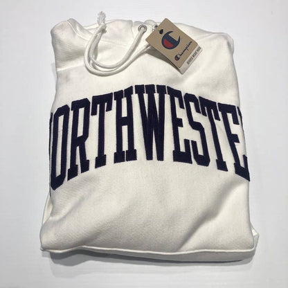 Northwestern University Wildcats Men’s White Champion Super Heavy Reverse Weave Hooded Sweatshirt with Purple Arched Northwestern Wool Sewn Appliqué Design -2