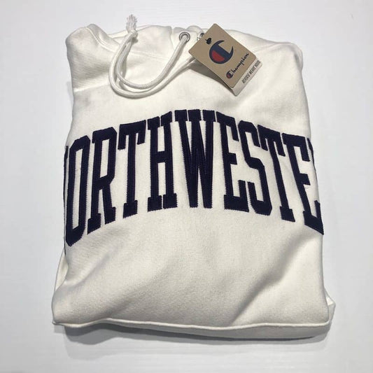 Northwestern University Wildcats Men’s White Champion Super Heavy Reverse Weave Hooded Sweatshirt with Purple Arched Northwestern Wool Sewn Appliqué Design -2
