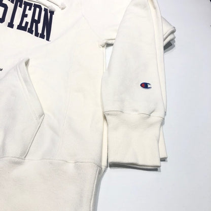 Northwestern University Wildcats Men’s White Champion Super Heavy Reverse Weave Hooded Sweatshirt with Purple Arched Northwestern Wool Sewn Appliqué Design -4