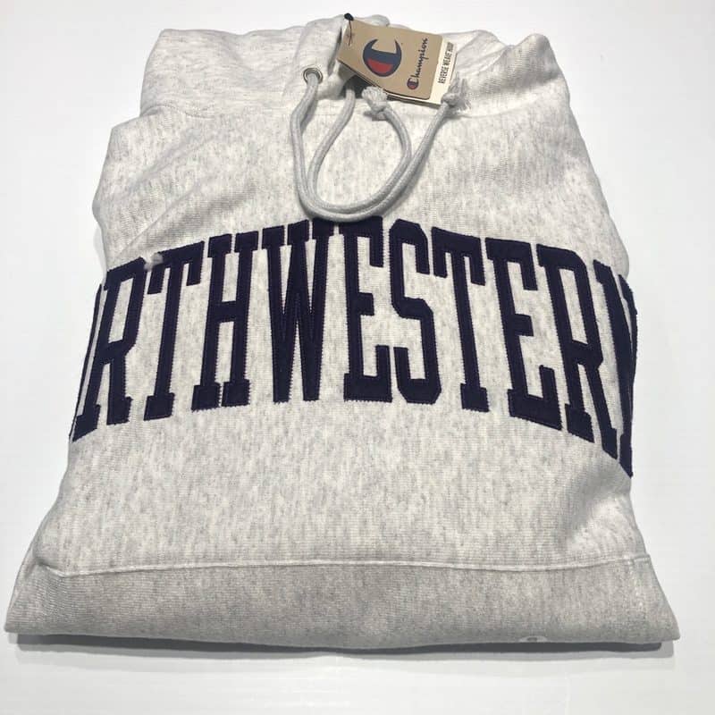 Northwestern University Wildcats Men’s Silver Grey Champion Super Heavy Reverse Weave Hooded Sweatshirt with Purple Arched Northwestern Wool Sewn Appliqué Design -2