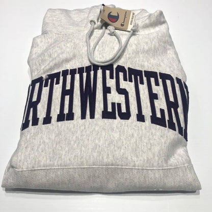 Northwestern University Wildcats Men’s Silver Grey Champion Super Heavy Reverse Weave Hooded Sweatshirt with Purple Arched Northwestern Wool Sewn Appliqué Design -2