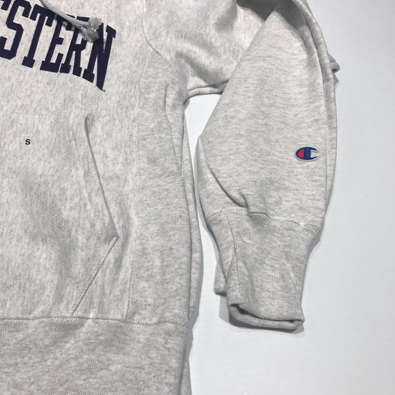 Northwestern University Wildcats Men’s Silver Grey Champion Super Heavy Reverse Weave Hooded Sweatshirt with Purple Arched Northwestern Wool Sewn Appliqué Design -4