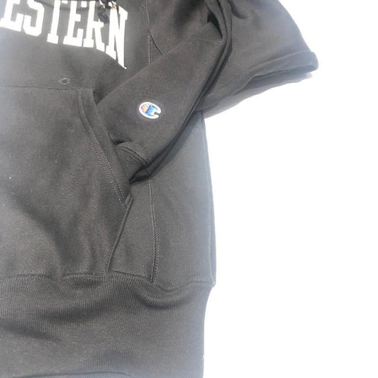 Northwestern University Wildcats Men’s Black Champion Super Heavy Reverse Weave Hooded Sweatshirt with Creamy White Arched Northwestern Wool Sewn Appliqué Design -3