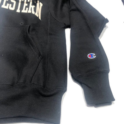 Northwestern University Wildcats Men’s Black Champion Super Heavy Reverse Weave Hooded Sweatshirt with Creamy White Arched Northwestern Wool Sewn Appliqué Design -4