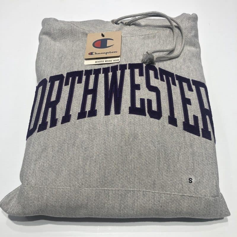 Northwestern University Wildcats Men’s Oxford Heather Champion Super Heavy Reverse Weave Hooded Sweatshirt with Purple Arched Northwestern Wool Sewn Appliqué Design -2