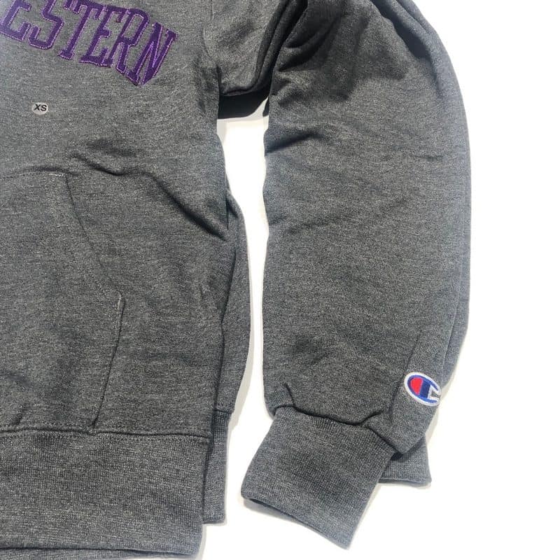Northwestern University Wildcats Men's Granite Heather Champion Eco Powerblend Hooded Sweatshirt with Purple Arched Northwestern Wool Sewn Appliqué Design -3