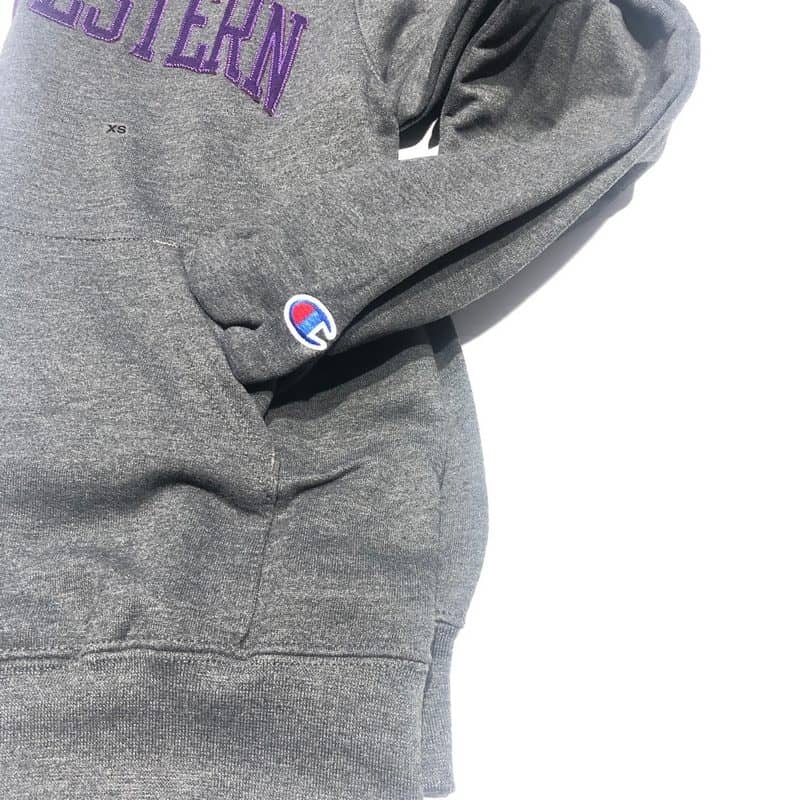 Northwestern University Wildcats Men's Granite Heather Champion Eco Powerblend Hooded Sweatshirt with Purple Arched Northwestern Wool Sewn Appliqué Design -4