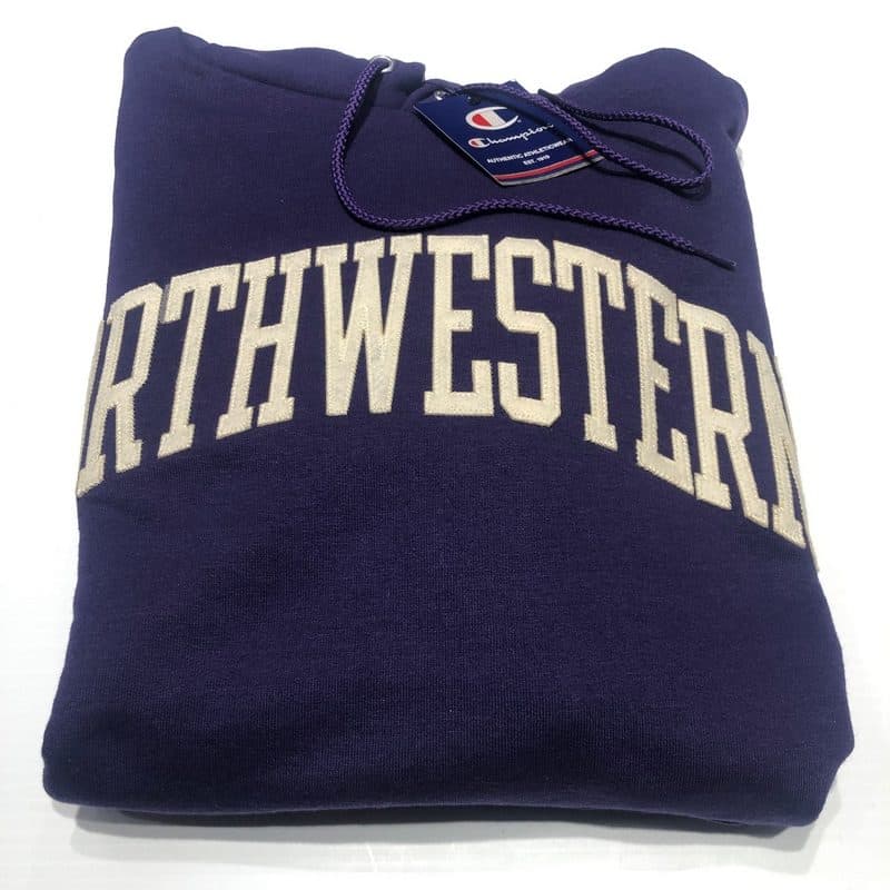 Northwestern University Wildcats Men's Purple Champion Eco Powerblend Hooded Sweatshirt with Creamy White Arched Northwestern Wool Sewn Appliqué Design-2