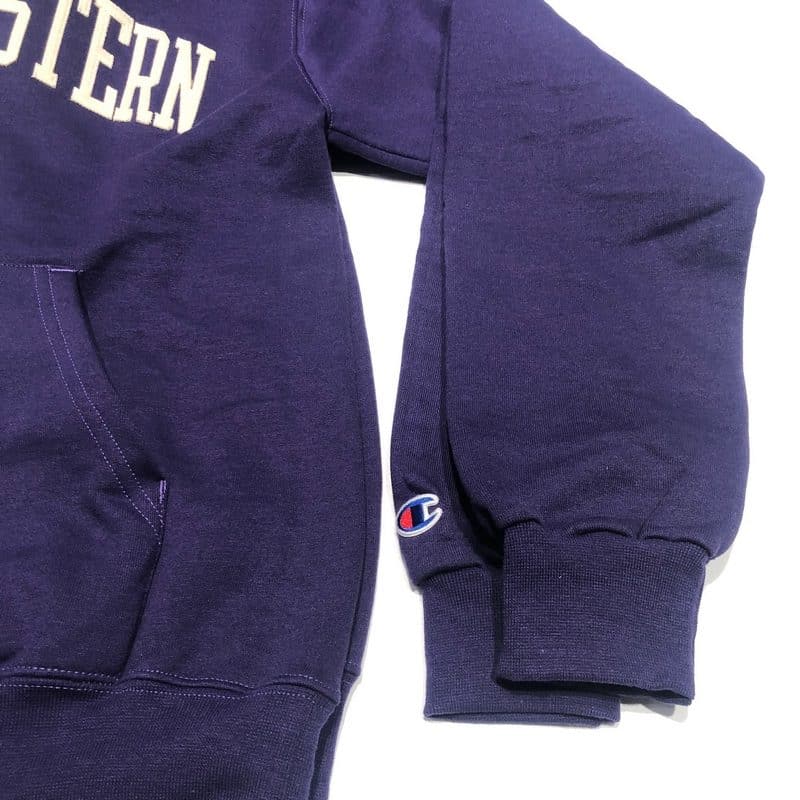 Northwestern University Wildcats Men's Purple Champion Eco Powerblend Hooded Sweatshirt with Creamy White Arched Northwestern Wool Sewn Appliqué Design-4
