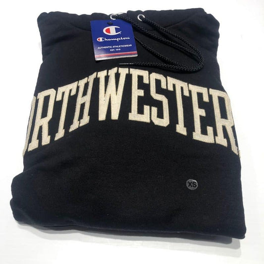 Northwestern University Wildcats Men's Black Champion Eco Powerblend Hooded Sweatshirt with Creamy White Arched Northwestern Wool Sewn Appliqué Design -2