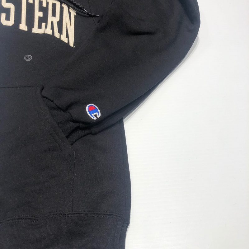 Northwestern University Wildcats Men's Black Champion Eco Powerblend Hooded Sweatshirt with Creamy White Arched Northwestern Wool Sewn Appliqué Design -3