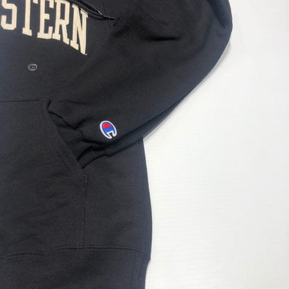 Northwestern University Wildcats Men's Black Champion Eco Powerblend Hooded Sweatshirt with Creamy White Arched Northwestern Wool Sewn Appliqué Design -3