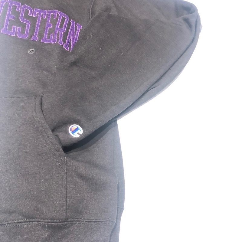 Northwestern University Wildcats Men's Black Champion Eco Powerblend Hooded Sweatshirt with Purple Arched Northwestern Wool Sewn Appliqué Design -5