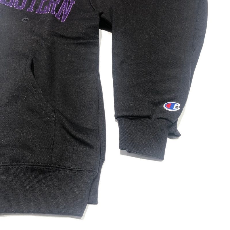 Northwestern University Wildcats Men's Black Champion Eco Powerblend Hooded Sweatshirt with Purple Arched Northwestern Wool Sewn Appliqué Design -3
