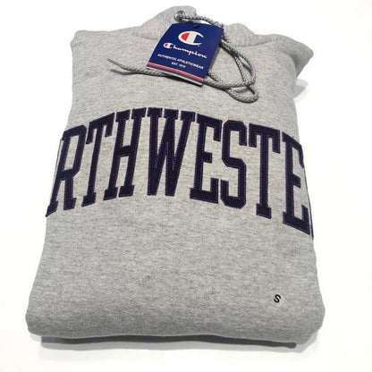 Northwestern University Wildcats Men's Heather Grey Champion Eco Powerblend Hooded Sweatshirt with Purple Arched Northwestern Wool Sewn Appliqué Design-2